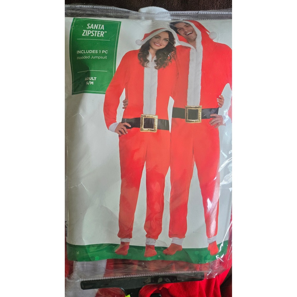 Party City Santa Zipster Hooded Jumpsuit Adult S/M Red Christmas Costume Fleece